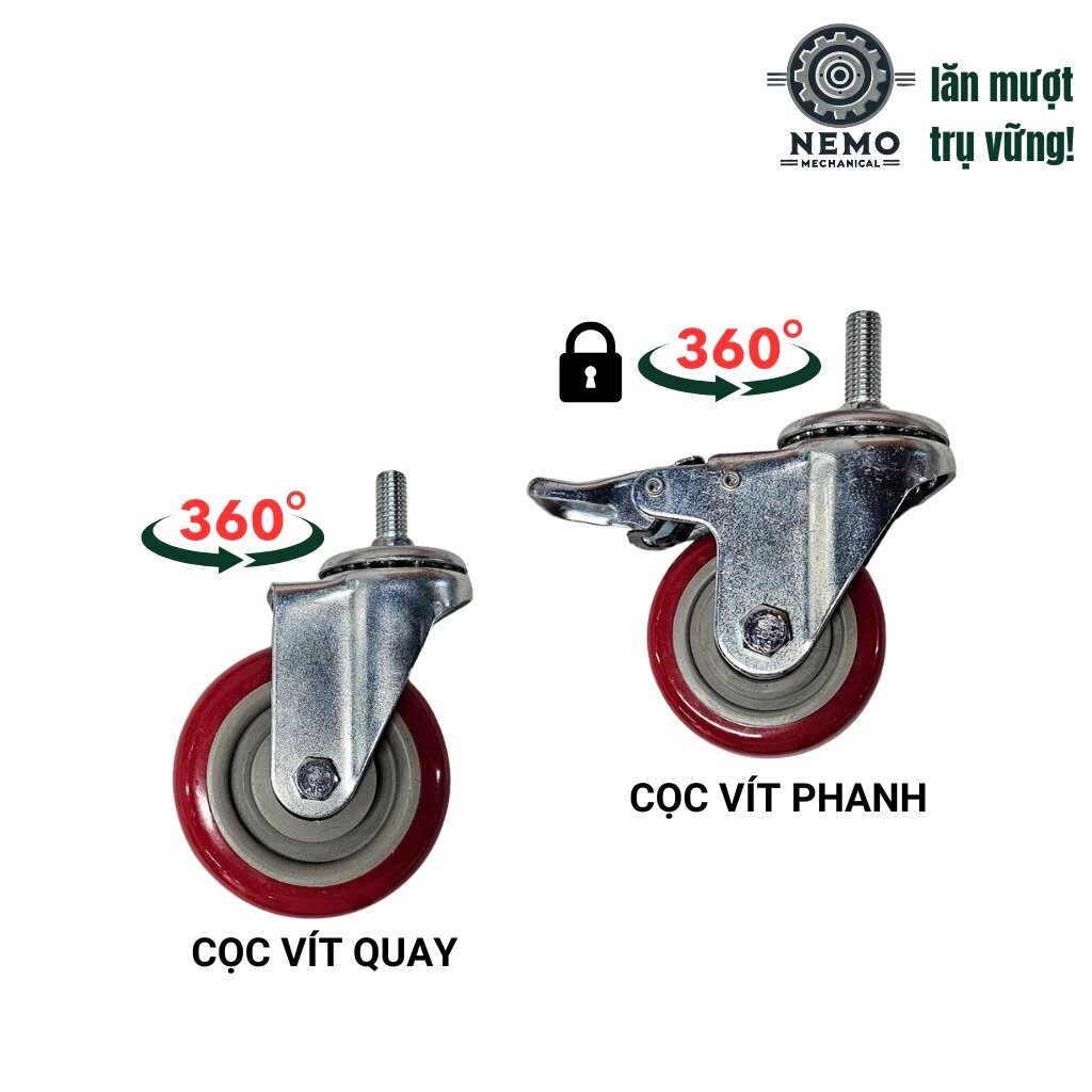 Bánh xe đẩy hàng PVC đỏ mận, cọc vít, có bạc đạn, đường kính 7cm, 10cm, 12cm, 105-135kg /bánh